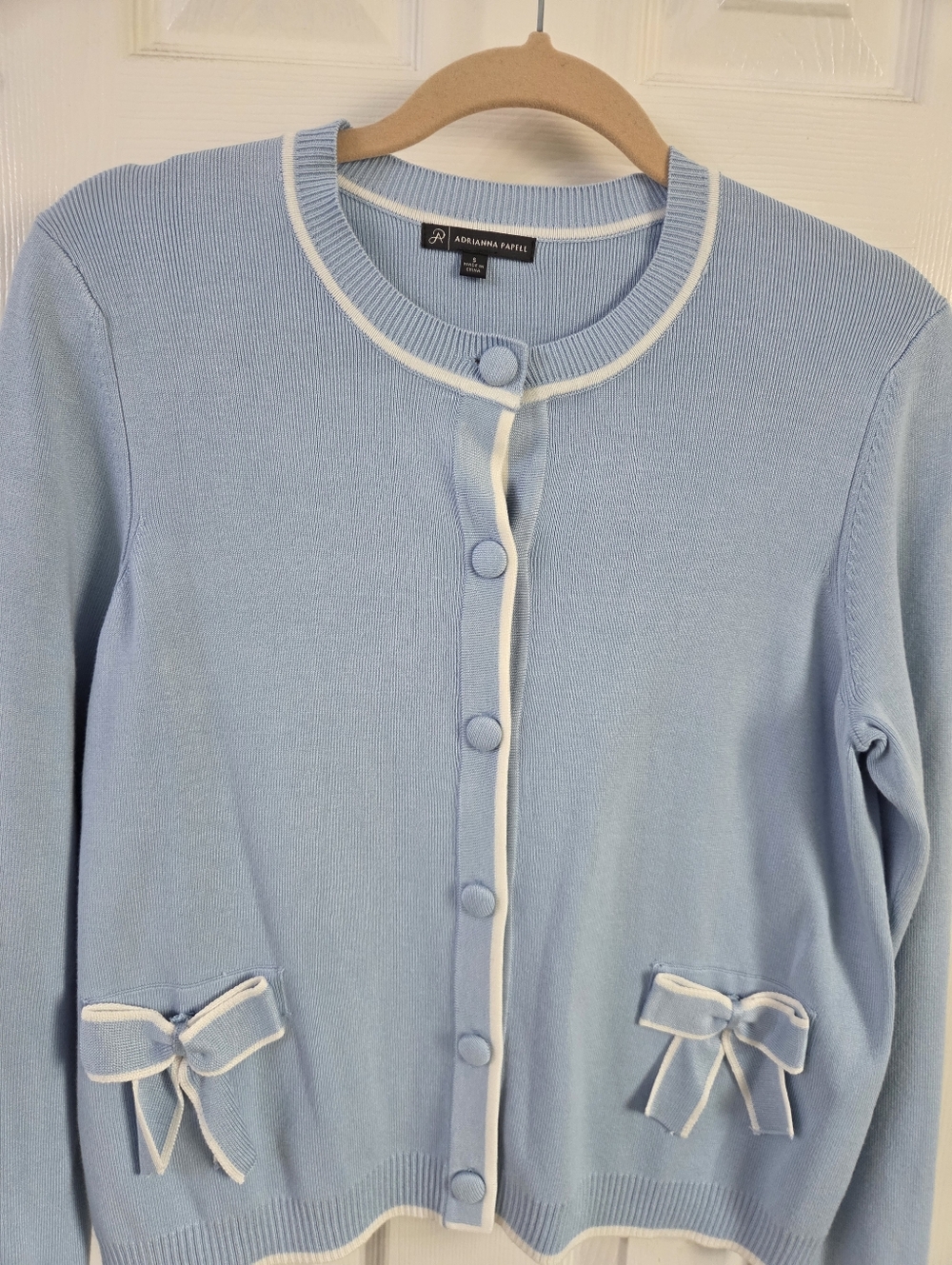 Adrianna Papell Light Blue Cardigan with White Trim & Pocket Bows - Picture 2 of 3